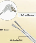 Clear 10 Foot Extension Cord With Flat Plug For Indoor Use Slim 2 Prong Power Cable See Through Design For Christmas Lights Lamps And Home Decor 18 AWG 125V 10A showing copper conductors and PVC.