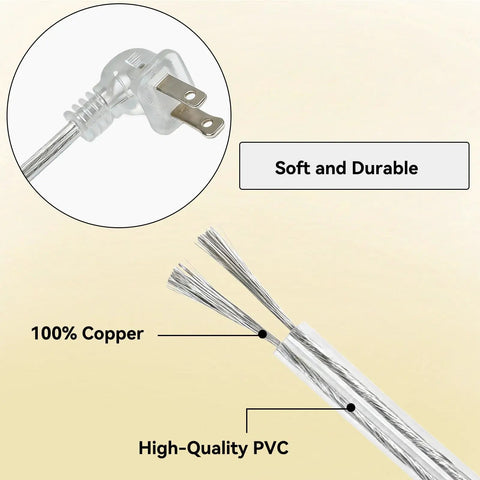 Clear 10 Foot Extension Cord With Flat Plug For Indoor Use Slim 2 Prong Power Cable See Through Design For Christmas Lights Lamps And Home Decor 18 AWG 125V 10A showing copper conductors and PVC.
