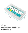Plastic box containing M5 Button Head Socket Cap Screws Set 50 Pcs Stainless Steel 304 Pro Grade with Nuts for DIY Auto Kit