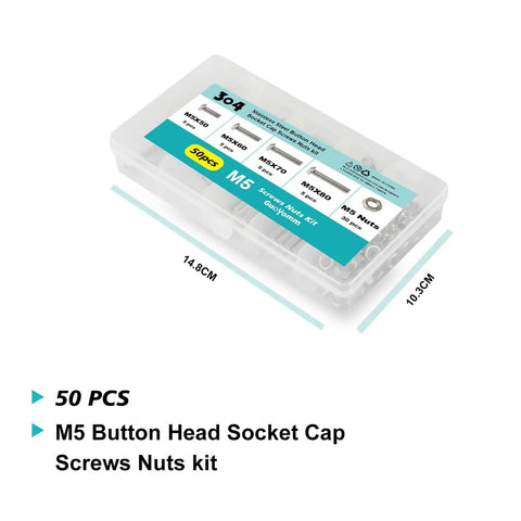 Plastic box containing M5 Button Head Socket Cap Screws Set 50 Pcs Stainless Steel 304 Pro Grade with Nuts for DIY Auto Kit