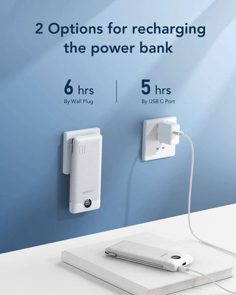 All In One Portable Charger With Built In AC Plug And Cables 10000mAh Ultra Slim Power Bank For Travel Must Have Fast Charging For iPhone Samsung And Android For All Devices shown with two recharging options, wall and USB-C port.