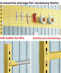 Heavy Duty Rolling Workbench With Smooth Rollin Caster Wheels And Adjustable Standing Height For Warehouses And Couriers, pegboard rack with storage hooks and film holder.