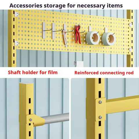 Heavy Duty Rolling Workbench With Smooth Rollin Caster Wheels And Adjustable Standing Height For Warehouses And Couriers, pegboard rack with storage hooks and film holder.