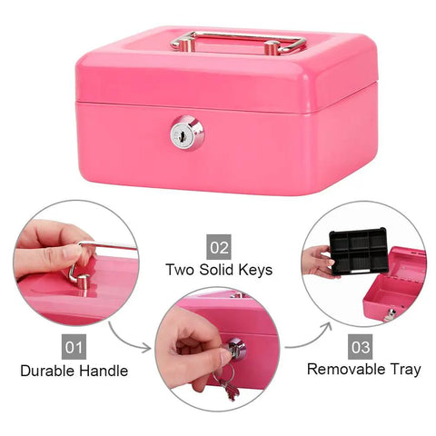Small Pink Cash Box With Key Lock Double Layer Metal Money Box For Home Security showing handle, two keys, and removable tray.