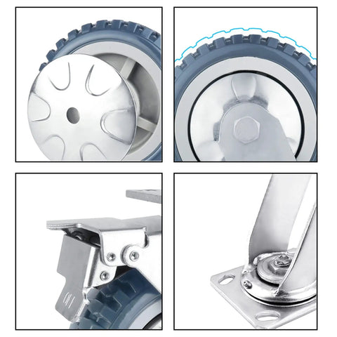 Close-up of Heavy Duty Caster Wheels With Top Plate Swivel And Brakes For Furniture, Workbenches, Trolleys, Garage And Workshop Projects