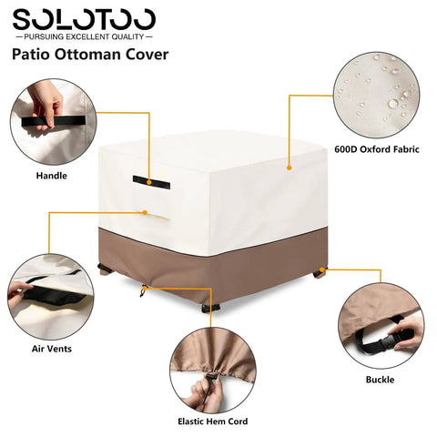 Heavy Duty Waterproof Patio Ottoman Cover Square 25 By 25 Inches Fits Most Outdoor Ottomans Up To 18 Inches High Durable Beige with handles and air vents