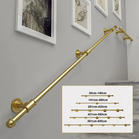 Versatile Modern Handrail For Stairs Featuring Anti Rust Wrought Iron Frame No Sweat Mounting Indoor Outdoor Staircase Railing Supports Extends To Fifteen Feet Elegant Gold installed on wall with measurements.
