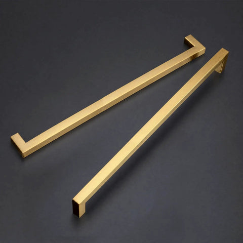 Killer 10 Pack Square Cabinet Handles For Kitchen Cupboards And Wardrobes Featuring Slick Brushed Gold Finish, two gold square drawer pulls.