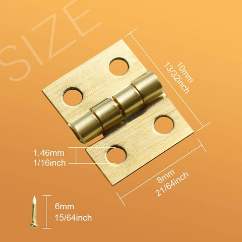 100 Pcs Mini Brass Hinges Set 10x8mm 180 Degree Hinges For Dollhouse Mini Furniture Boxes Jewelry Chests Cabinets Gold Tone DIY Hardware With Screws, product size and measurement details visible.