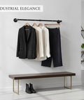 Space Saving Garment Rack for Entryway and Bedroom, Industrial Metal Clothes Rod with coats, shirts, and black boots