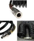 Boss Level 25 Foot Air Hose With Swivel Whip Fittings For Pro Garage And Auto Shop Crews Using 1 4 Inch Npt Pneumatic Connectors Hybrid Rubber Polyurethane Design Gives You Flexibility No Kinks At 200 Psi Pressure All Season Weather Is Awesome. black coiled 25-foot air hose with 1/4-inch NPT swivel fittings