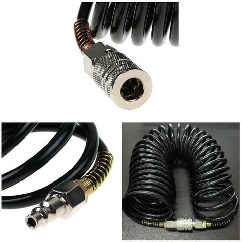 Boss Level 25 Foot Air Hose With Swivel Whip Fittings For Pro Garage And Auto Shop Crews Using 1 4 Inch Npt Pneumatic Connectors Hybrid Rubber Polyurethane Design Gives You Flexibility No Kinks At 200 Psi Pressure All Season Weather Is Awesome. black coiled 25-foot air hose with 1/4-inch NPT swivel fittings