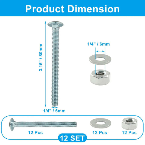 12 Pack Carriage Bolt Kit 1/4-20 X 3 Inch Galvanized Round Head Bolts With Nuts And Washers Full Thread Heavy Duty Hardware Set
