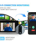 Peephole Doorbell Camera With 1080P HD Video, Dope Night Vision, Motion Detection, WiFi, shown on LCD monitor and smartphone.