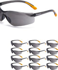 12 Pack Safety Glasses For Men And Women With Anti Fog Scratch Resistant Wrap Around Tinted Smoke Lenses And Non Slip Orange Rubber Grips For A Secure Fit, All Day Comfort, ANSI Z87.1 Rated For Work, DIY, And Outdoor Use shown in a set with close-up of one pair.