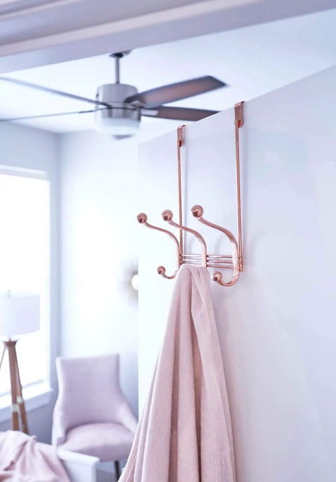 Over The Door Organizer Rack With 3 Hooks In Rose Gold Metal For Bedroom Closet Bathroom Dorm Mudroom Space Saving Door Hanger Keeps Towels Accessories Bags And More hanging on door