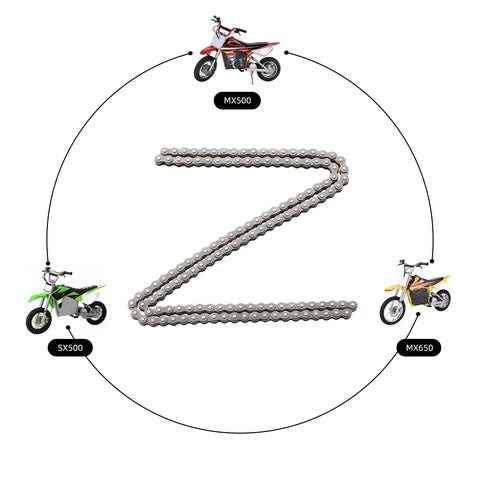 KAMIER #25 roller chain, 132-link, silver metal for dirt bikes; displayed in a circle with four motorcycles