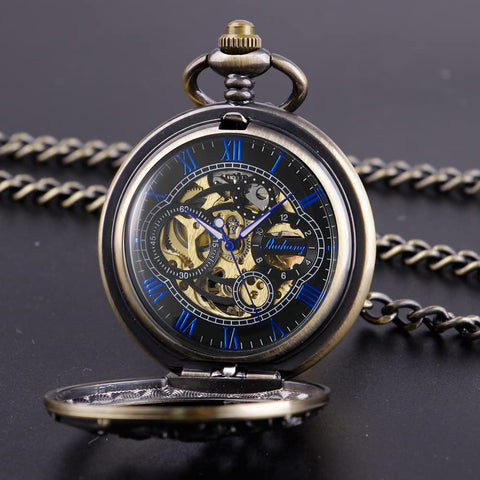 Dope Vintage Mechanical Steampunk Skeleton Pocket Watch With Carved Pattern Roman Numerals Hand Winding Movement