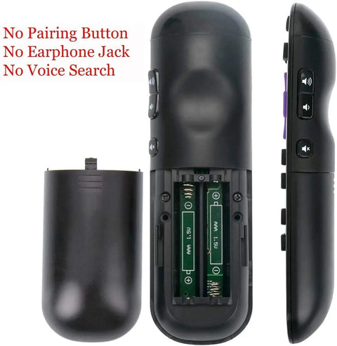 Back and side view of All In One Roku TV Remote For ONN Models showing battery compartment