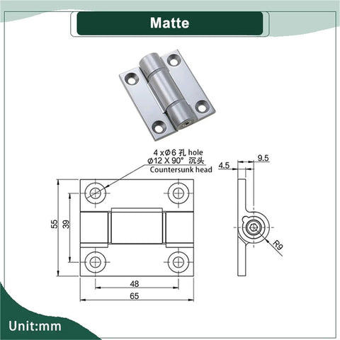 Torque-damping hinge, matte finish, 1 piece; front photo with mounting holes and side view with dimensions.