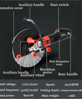 Heavy Duty Electric Concrete Cutter Saw With 8900W Motor showing dual blades, protective cover, brushless motor, and various controls.
