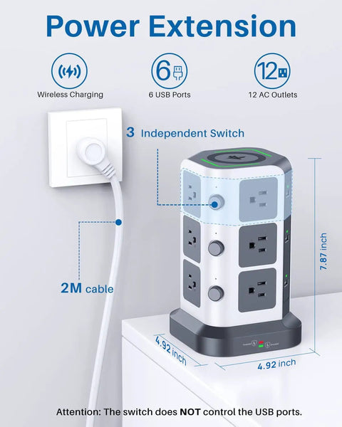 Power Strip Tower With 15W Wireless Qi Charger And Surge Protector, 12 AC Outlets, 6 USB Ports, showing dimensions and features.
