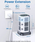 65W PD Power Strip Tower Surge Protector With 12 Widely Spaced AC Outlets, 2 USB C Ports, 3 USB A Ports, 6.5Ft Heavy Duty Extension Cord displayed on desk