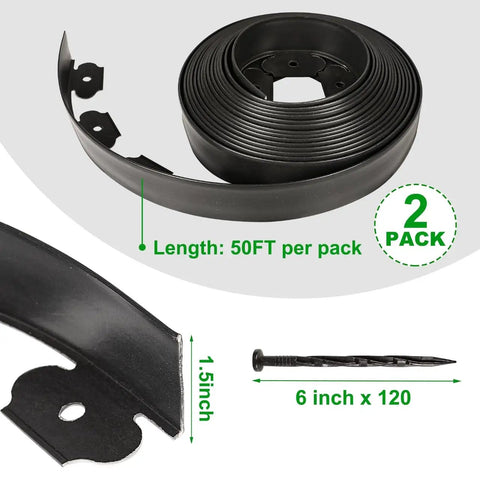 Two Pack 1.5 Inch Garden Edging Border 100 Ft Total Length Plastic Landscaping Edge With 120 Spikes Easy No Dig Install Durable Lawn Border For Garden Beds Walkways