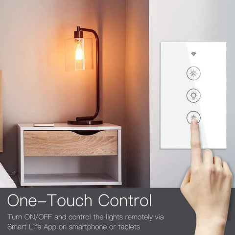 Smart WiFi Dimmer Switch With RF Remote Control Tuya Smart Life App Compatible 2 Way And 3 Way Multi Control For One Light Backlit Tempered Glass Touch Panel Alexa And Google Assistant Voice Ready White Finish installed near lamp