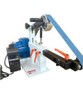 Heavy Duty Belt Grinder Sander With Badass 1500 Watt Variable Speed Metal Polishing Machine and 72 Inch Flat Arc Wheels setup with blue sanding belt