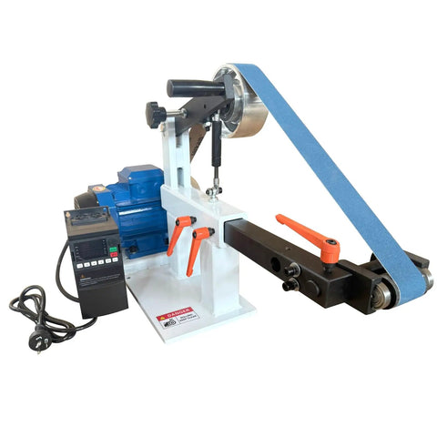 Heavy Duty Belt Grinder Sander With Badass 1500 Watt Variable Speed Metal Polishing Machine and 72 Inch Flat Arc Wheels setup with blue sanding belt