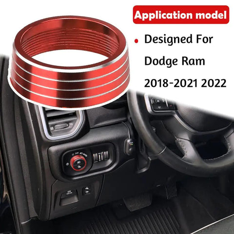 Dodge RAM Red Headlight Switch Knob Cover With Aluminum Alloy Ring Trim For 2018 Through 2025 Interior Customization