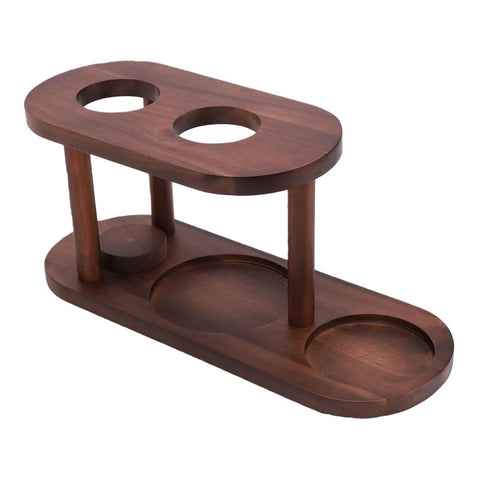 Sleek Solid Wood Pour Over Coffee Station With Elevated Brewing Platform And Dope Spacious Organizer for gear with two circular holes.