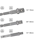 Impact Socket Adapter Set For Drill 1/4 3/8 1/2 Inch, showing CR-V steel adapters with measurements and spring-loaded balls