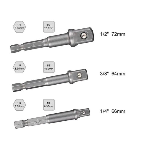 Impact Socket Adapter Set For Drill 1/4 3/8 1/2 Inch, showing CR-V steel adapters with measurements and spring-loaded balls