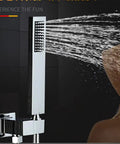 Straight Up Knockout Style Matte Black Rainfall Shower System With Waterfall Body Spray And Thermostatic Mixer Valve Wall Mounted, water spray in action.