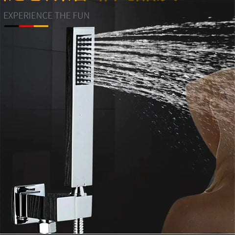 Straight Up Knockout Style Matte Black Rainfall Shower System With Waterfall Body Spray And Thermostatic Mixer Valve Wall Mounted, water spray in action.