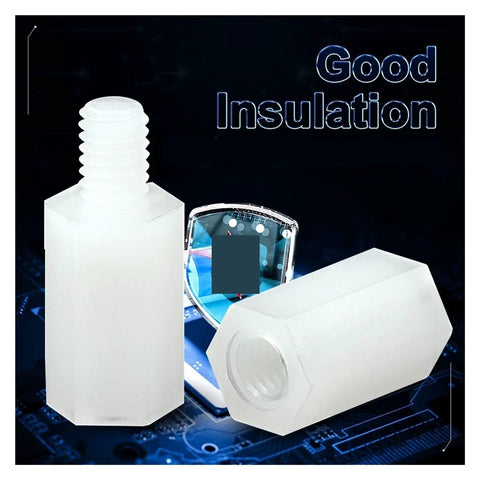 White Nylon Hex Standoff Spacer Set With Male Female Threading For Motherboard PC Support, showcasing insulating hex standoffs.