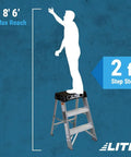 Rock Solid 2 Step Aluminum Work Stool, Heavy Duty Industrial Step Ladder With 300 Pound Load Rating, 2 ft height showing max reach of 8' 6'.