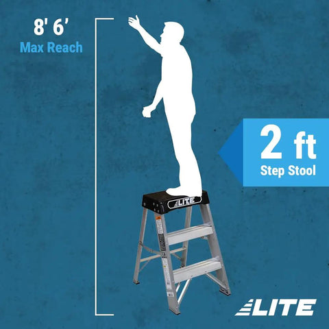 Rock Solid 2 Step Aluminum Work Stool, Heavy Duty Industrial Step Ladder With 300 Pound Load Rating, 2 ft height showing max reach of 8' 6'.
