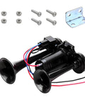 12V Dual Trumpet Air Horn Kit 120 Decibel Super Loud Noise Heavy Duty Compressor in matte black with mounting accessories.