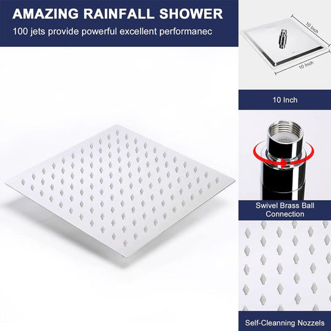 Square chrome rainfall shower head with brass swivel connection, self-cleaning nozzles. Dual Rainfall Shower Combo With 11 Inch Extension Arm.