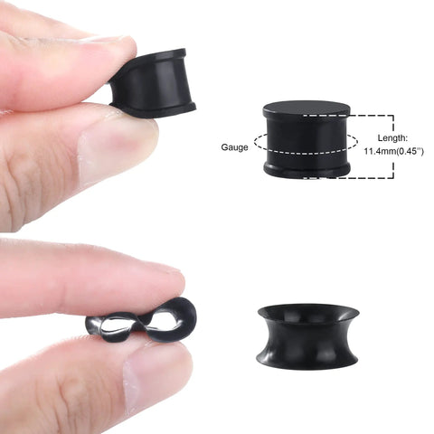 Hand holding black Silicone Ear Plugs Gauge Stretching Kit for Ear Piercings and Lobe Stretchers, 32 Pieces, 11.4mm length.