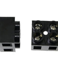 Two Pack 500V 60A Screw Terminal Block, 2 Position Dual Row Barrier Strip, side and top view, black insulation.