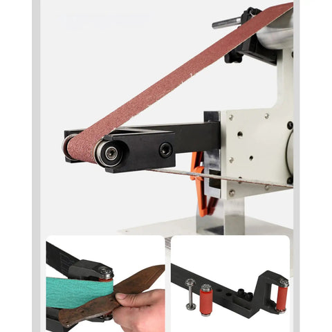 Close-up of Heavy Duty Electric Belt Sander with Variable Speed Brushless Motor For Precision Knife Sharpening And 915X50MM Belt Size.
