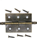 Old School Vintage Brass Flap Hinges Set For Wooden Boxes And Cabinets With Longer Axis, 2.2 Inch Plate, screws, top view.