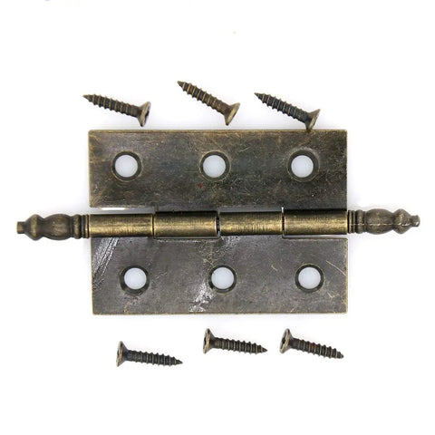 Old School Vintage Brass Flap Hinges Set For Wooden Boxes And Cabinets With Longer Axis, 2.2 Inch Plate, screws, top view.