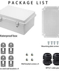 108Piece Outdoor Weatherproof Electrical Junction Box Enclosure IP67 ABS Plastic With Mounting Plate And Wall Brackets For Switches Routers And Other Projects Workhorse Gray 11.8 Inch By 7.87 Inch By 5 Inch package list with enclosure, plate, brackets, screws, and cable glands