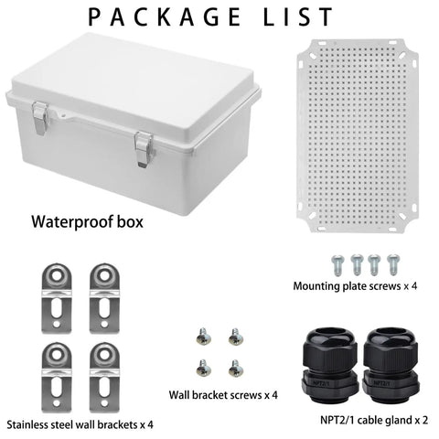108Piece Outdoor Weatherproof Electrical Junction Box Enclosure IP67 ABS Plastic With Mounting Plate And Wall Brackets For Switches Routers And Other Projects Workhorse Gray 11.8 Inch By 7.87 Inch By 5 Inch package list with enclosure, plate, brackets, screws, and cable glands