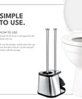 Heavy Duty Toilet Brush And Plunger Combo With Killer Suction And Sturdy Bristles For No Sweat Clog Removal Plus Straight Up Bathroom Deep Cleaning Freshness In Black, with sleek storage stand.
